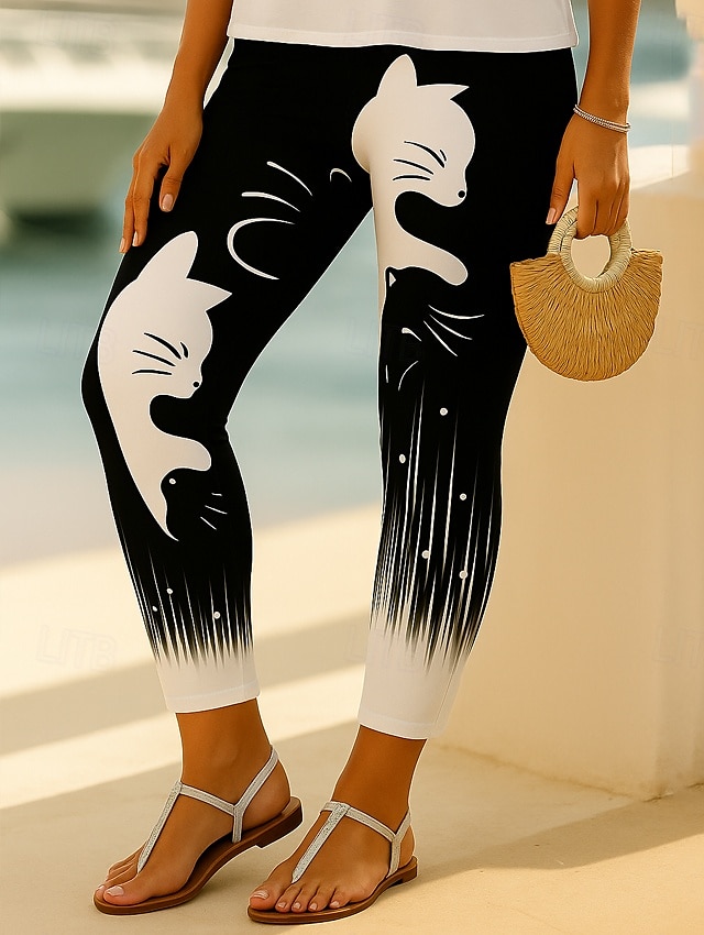 Femmes Leggings Vacances Mode Mignon Longueur complète Taille haute Graphique Animal Chat Impression 3D Séchage Rapide Respirabilité Doux Élastique Extérieur Maison Décontracté Noir Blanche Automne de 2025 ? $19.99 –P1