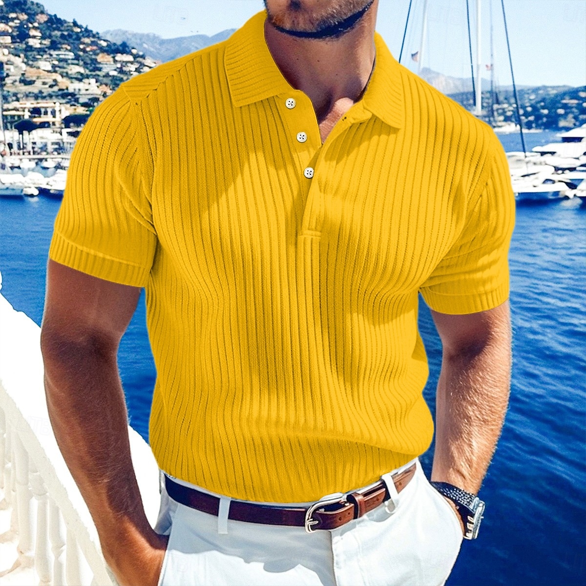 Men's Rib Knit Top Golf Polos Shirts Work Casual Lapel Ribbed Polo Collar Short Sleeve Basic Modern Color Block Buttons Knitted Summer Spring & Summer Regular Fit White Yellow Burgundy Navy Blue 2025 - $12.49 –P9
