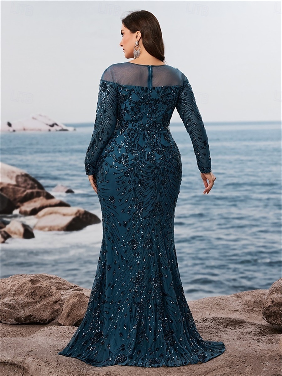 Havfrue Trumpet Plus Size Kjoler Elegant Kurve Kjole Formell Bryllup Gulvlengde Lang Erme Crew Neck Polyester med Splitt 2025 - $129.99 –P7