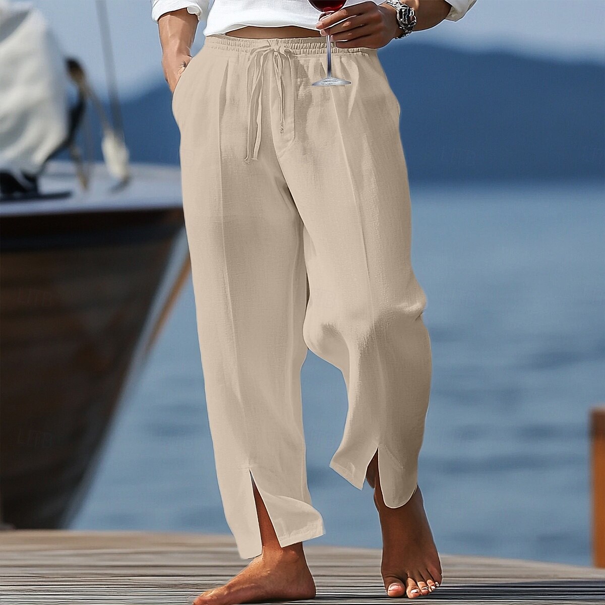 Homens Calças de linho Calças Calça verão Calças largas Com Cordão Cintura elástica Fenda Tecido Conforto Respirável Comprimento total Casual Diário Feriado Férias Moda Preto Branco Sem Elasticidade de 2025 por $25.99 –P5