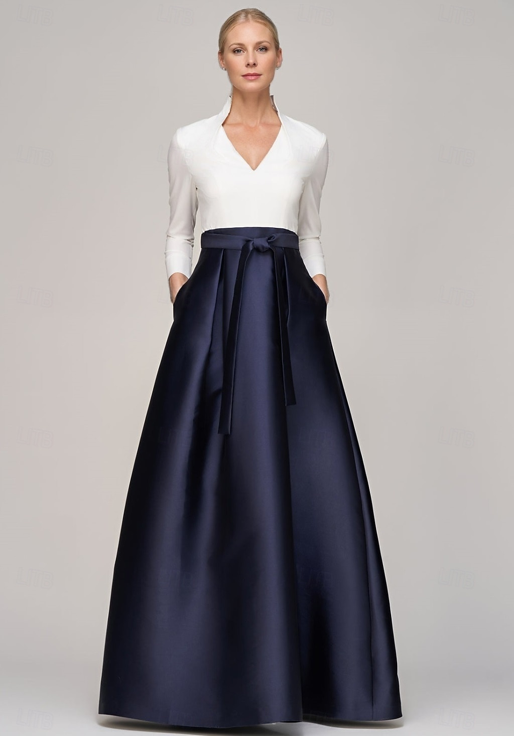 Robe de soirée en A noir et blanc élégante robe formelle invitée de mariage longueur de sol manches longues décolleté en V satin avec poches et nœud(x) de 2025 ? $137.99 –P1