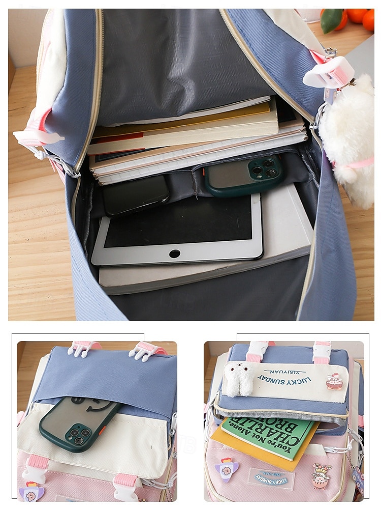 5-i-1 skolryggsäcksset med plyschberlocker, lätt nylon, kawaii-stil, för flickor och tonåringar, perfekt för skolan och dagligt bruk 2025 - $26.99 –P10