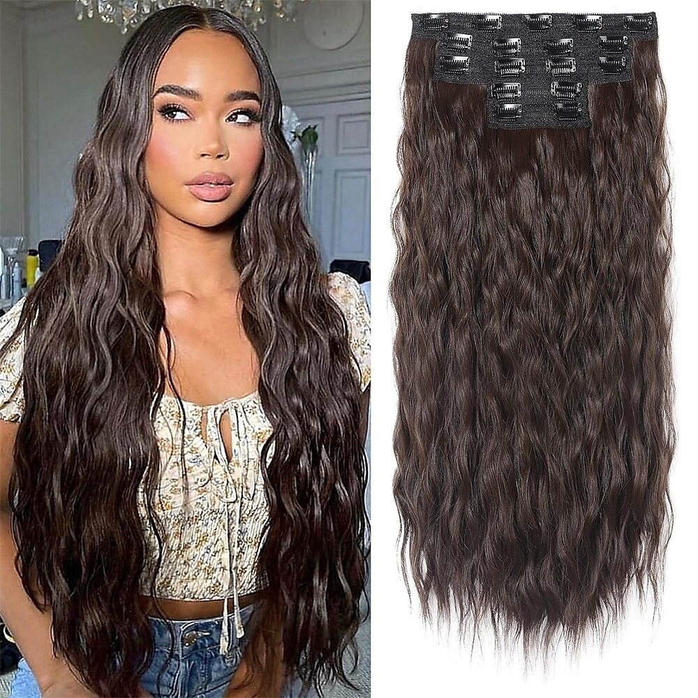 extensões de cabelo clip in 5 peças extensões de cabelo castanho 24 extensões de cabelo longas e grossas ondas soltas he002 trama de renda invisível apliques naturais macios para mulheres castanho de 2025 por $26.99 –P5