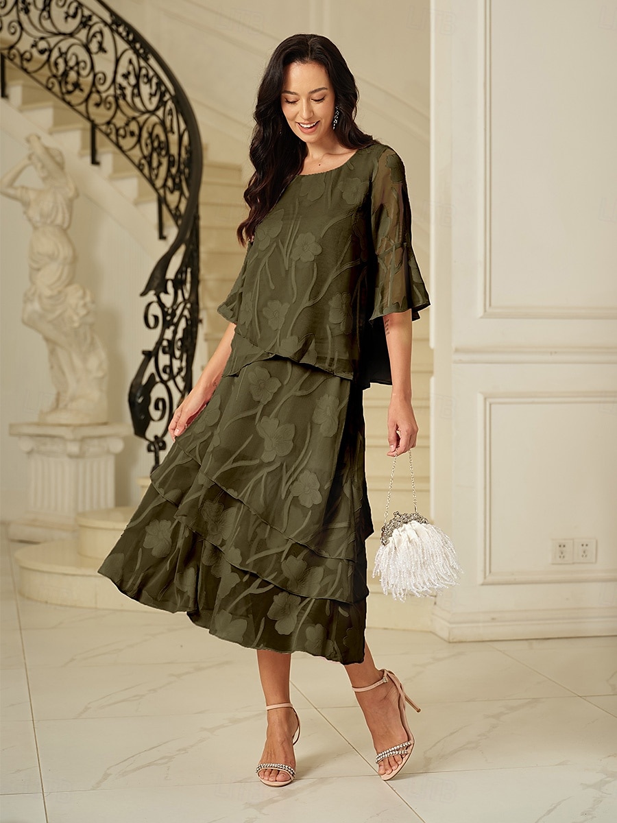 Dames Rok Elegant Midi Medium Taille Rokken Flora Meerlaags Inelastisch Feest Causaal Olijf Zomer Chiffon 2025 - $59.99 –P4