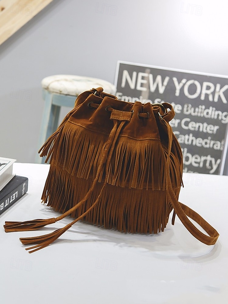 damska torebka typu wiaderko ze sztucznego zamszu z frędzlami – boho torebka typu crossbody ze ściągaczem na niezobowiązujące wyjścia, festiwale i codzienne noszenie 2025 - $18.99 –P5