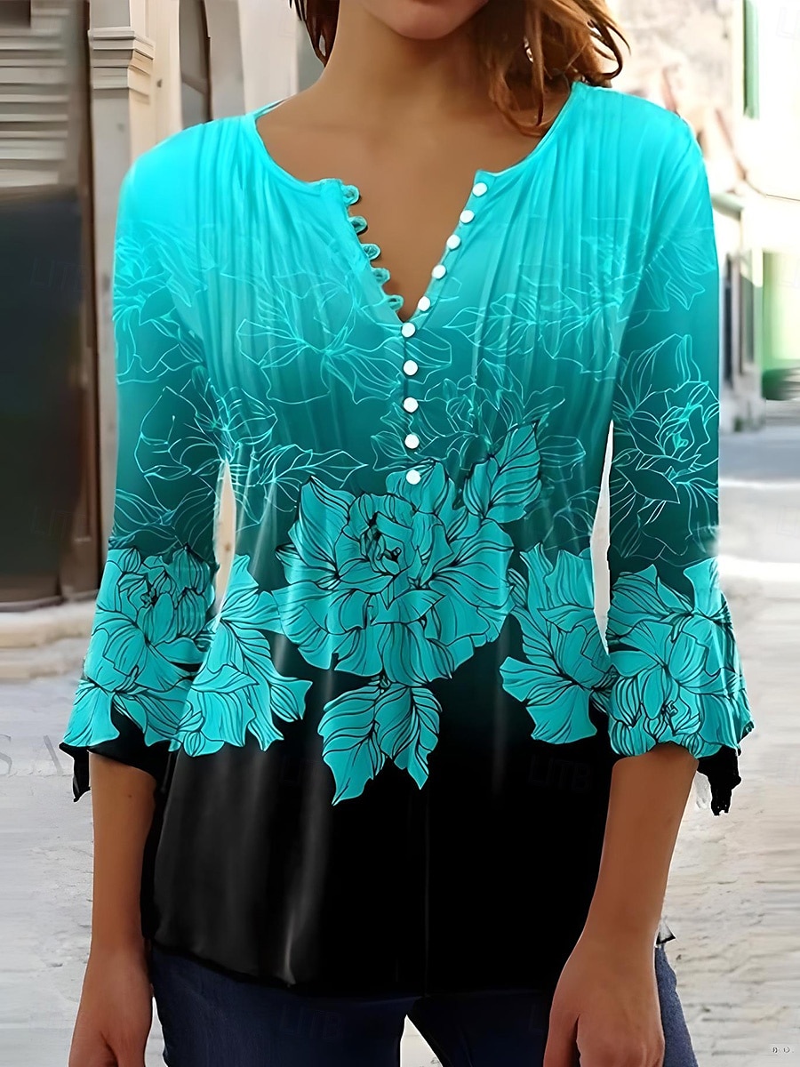 Femmes Chemisier A Ombre Fleuri Graphique Élégant Manche 3/4 Col en V Hauts Réguliers Quotidien Sortir Boutons Noir Blanche Bleu Violet Vert Été Printemps Automne de 2025 ? $27.99 –P1