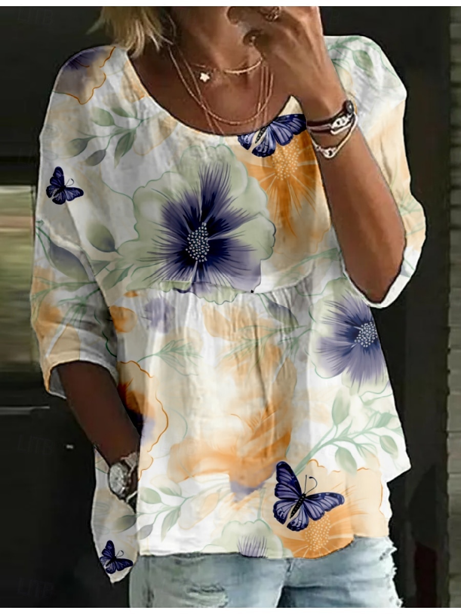Damen Bluse Druck Blumen Stilvoll Dreiviertelarm Rundhalsausschnitt Normale Oberteile Täglich Ferien Blau Weiß Rote Königsblau Orange Sommer 2026 - $25.99 –P2