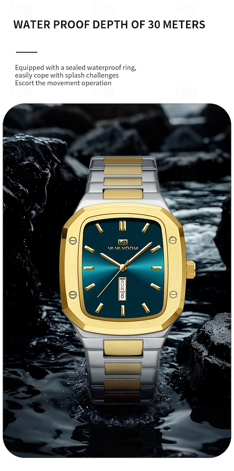 VA VA VOOM Top Brand Men Wrist Watches Luxury Waterproof Gold Black Silver Date Week Display Square Watch for Men Stainless Steel Watc 2025 - $26.99 –P6