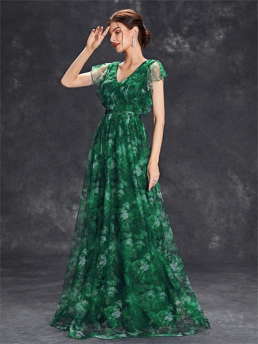 Abiti Quinceanera A-Line abito elegante formale lungo senza maniche scollatura a V in chiffon con stampa floreale del 2025 a $79.99 –P12