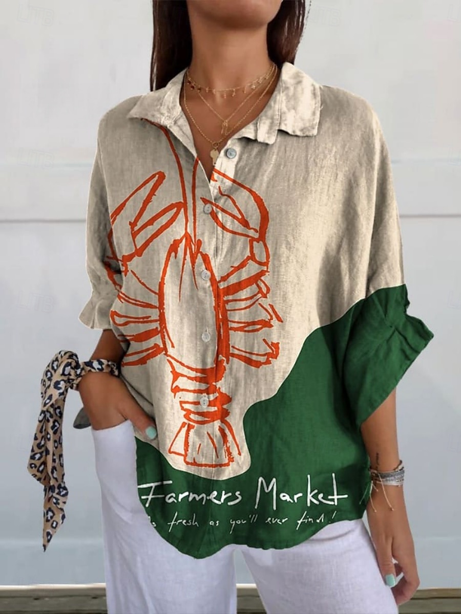 Damskie Bluzka Kwiaty Geometryczny Codzienny Elegancki Długi rękaw Kołnierzyk koszuli Zwykłe topy Codzienny Święto Guziki Nadruk Czerwony Khaki Lato 2025 - $25.99 –P2