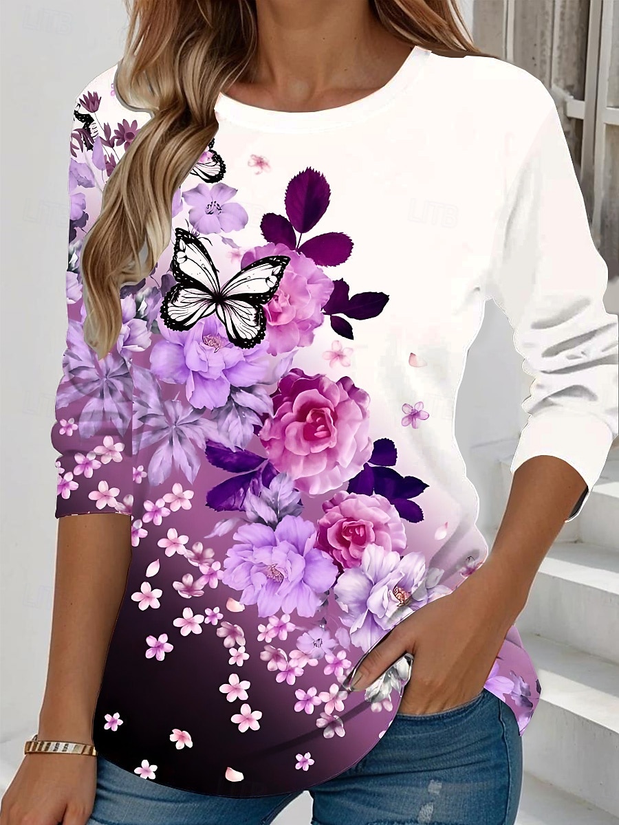 Femmes T-shirt Fleuri Graphique Plantes ancien Élégant Classique manche longue Col ras du cou Col rond Hauts Réguliers Quotidien Week-end Imprimé Jaune Vert Claire Bleu Bleu Ciel Violet Été de 2025 ? $23.99 –P8