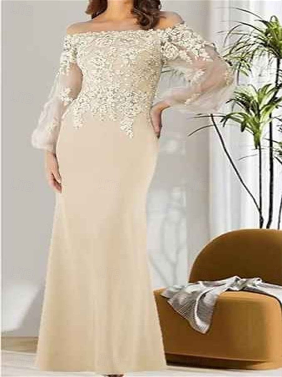 Meerjungfrau Trompeten Brautmutter Kleid Elegantes Off-Shoulder Bodenlang Spitze Lange Ärmel mit einfarbigem Material 2025 - $119.99 –P8