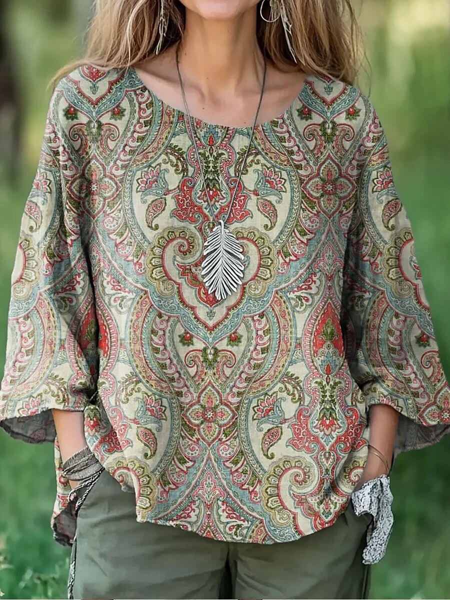 Dámské Halenka Květinový Grafika Kašmírový vzor Elegantní stylové 3/4 délka rukávu Tričkový Úzký výstřih Běžné topy Denní Dovolená Tisk Hnědá Trávová zelená Khaki Jaro Podzim 2025 - $27.99 –P1