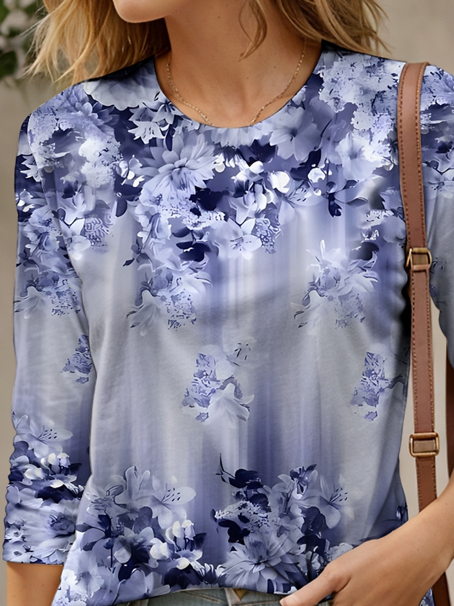 Dame T skjorte Nyanse Blomstret Grafisk Elegant Årgang Mote Langermet Crew-hals Rund hals Vanlige topper Daglig Ut på byen Helg Trykt mønster Gul Rosa Blå Lilla Grønn Sommer 2025 - $23.99 –P3