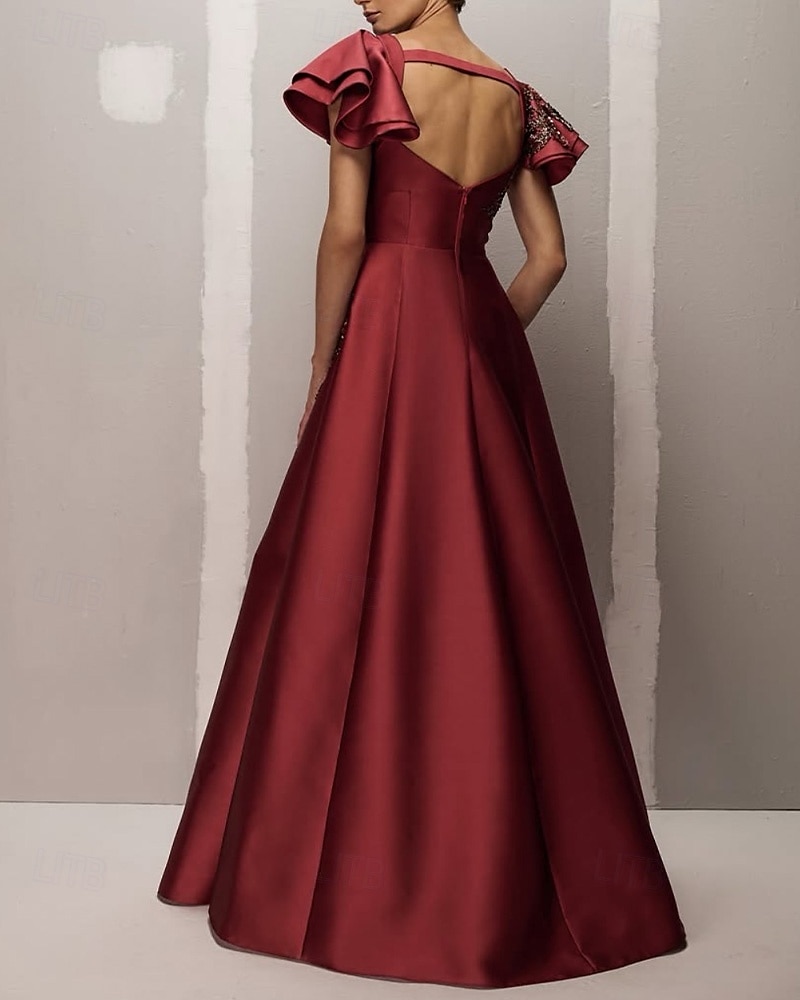 Rust A-Line Evening Gown Elegant Dress Formal Wedding Floor Length Ruffle Short Sleeve Satin with Beaded Lace Applique and Pockets 2025 2025 - $159.99 –P3
