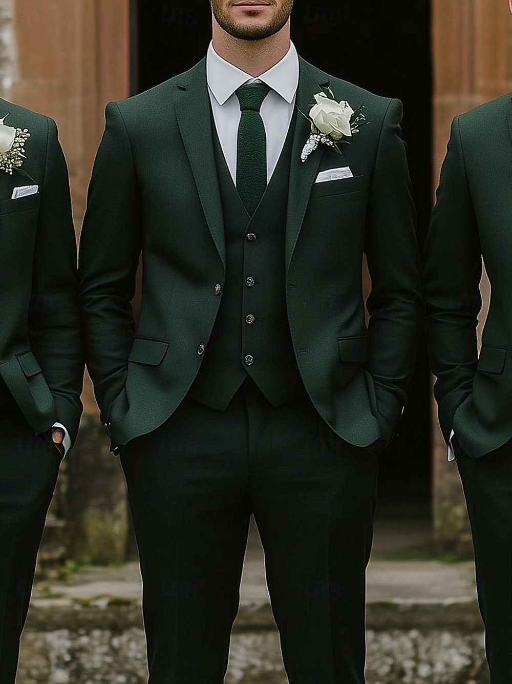 Masculino Casamento O negócio Fato Lapela Chanfrada Verde Escuro Moda Formal Cor Sólida Padrão Conjunto de 3 peças Comum 2 Botões de 2025 por $122.99 –P2