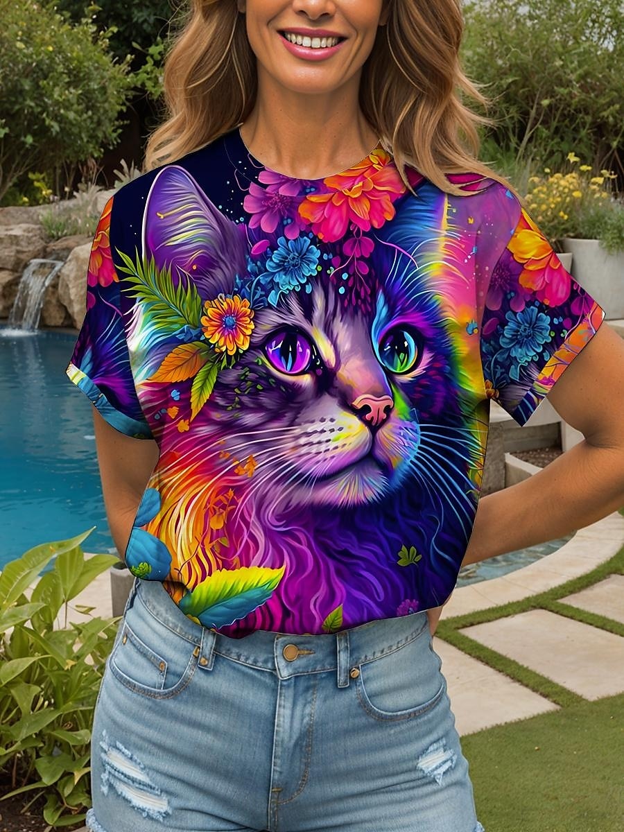 Damen T Shirt Blumen Grafik Tiermotiv Vintage Stilvoll Klassisch Kurzarm Rundhalsausschnitt Rundhals Normale Oberteile Täglich Wochenende Druck Gelb Rote Blau Purpur Grün Sommer Frühling 2025 - $19.99 –P1