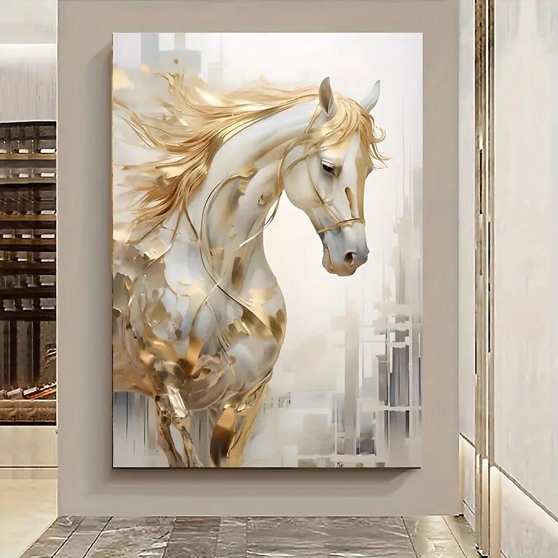 1 ungerahmtes Wandbild auf Leinwand mit goldenem Pferd – modernes, dekoratives Vintage-Gemälde mit Stadthintergrund in Weiß und Gold für Wohnzimmer oder Schlafzimmer im Western-Stil 2025 - $9.49 –P1