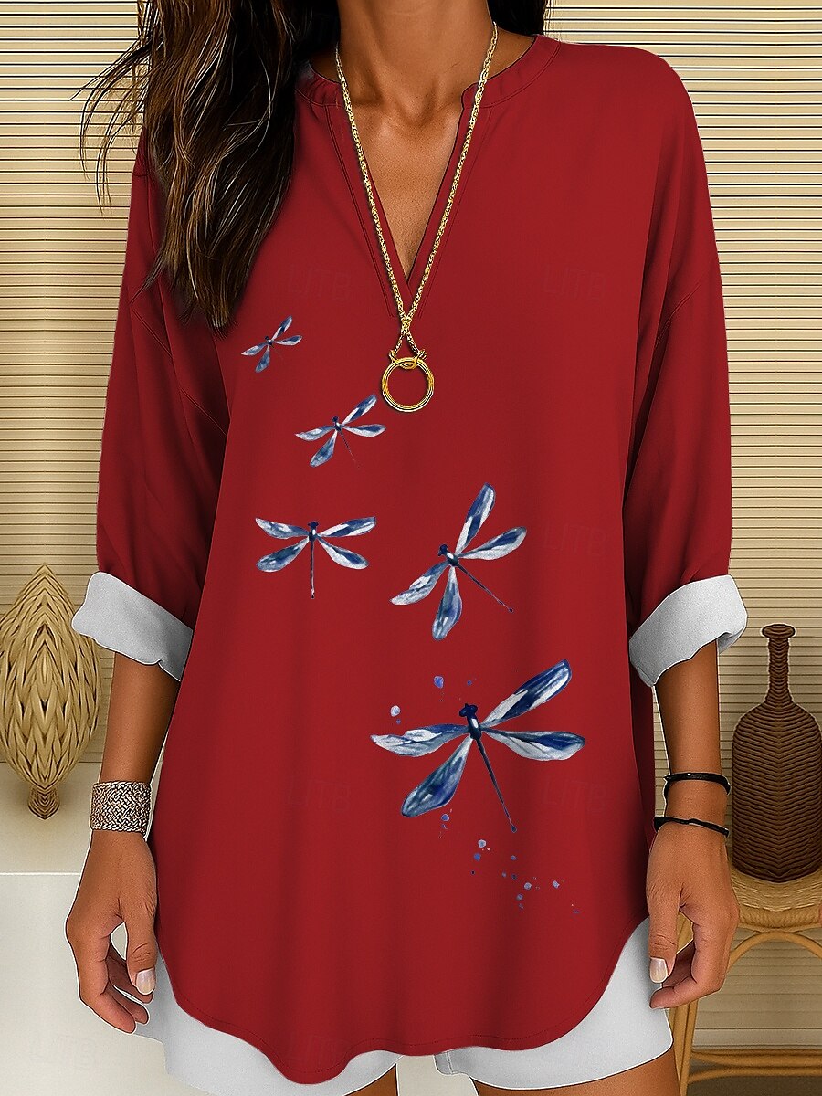 Femmes Chemisier Graphique Animal Libellule Bohème ancien Tropical manche longue Col en V Hauts Réguliers Quotidien Fête Tenue de plage Imprimé Noir Blanche Rouge Bleu Violet Été Printemps de 2025 ? $24.99 –P5