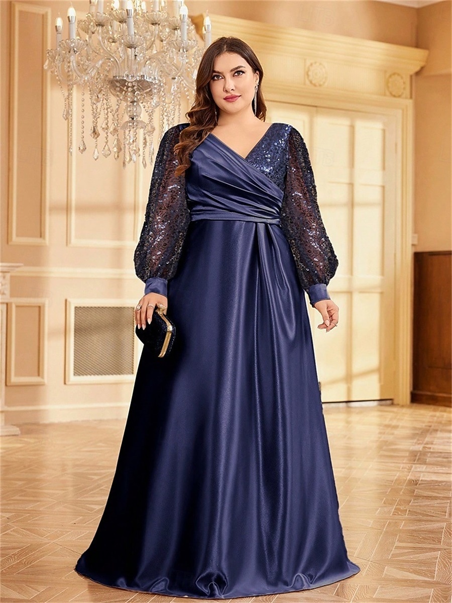 Robe A-Line Grande Taille Élégante Robe Courbe De Mariage Formelle Longue Au Sol Manches Longues Col en V En Polyester Avec Plis 2025 de 2025 ? $119.99 –P7