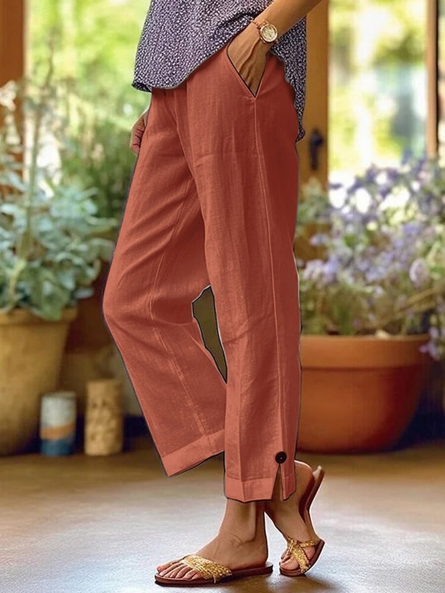 Femmes Pantalon en coton et lin Chinos ancien Mode Basique Longueur complète Taille haute Uni Avec Poches Confort Extérieur Non Elastique Vacances Rue Quotidien Vert foncé Bleu marine Blanche Rose de 2025 ? $22.99 –P6
