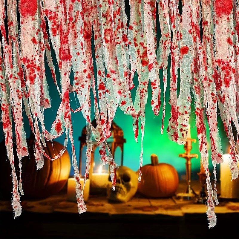 halloweeni véres gézkötés, vérfoltos kendőcsíkok, figyelmeztető szalag, hátborzongató jelenet dekoráció, kísértetjárta házibuli kellék 2025 - $9.49 –P10