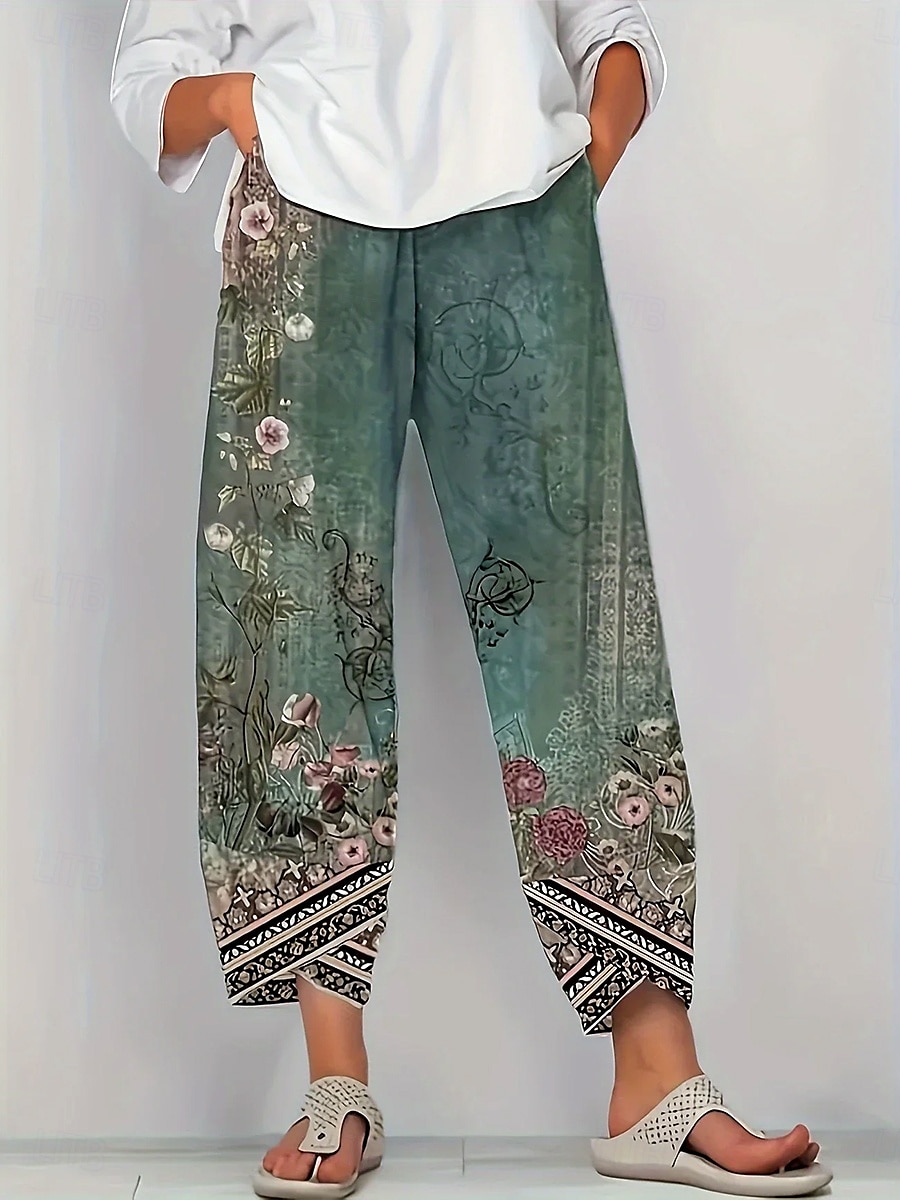 Dames Chinese Wijde broek Vakantie Vintage Etnische stijl Enkellengte Hoge taille Grafisch Paisley Lapwerk Trekkoord Opdrukken Ademend Micro-elastisch Vakantie Straat Causaal Grijs Groen Grijs Zomer 2025 - $20.99 –P1