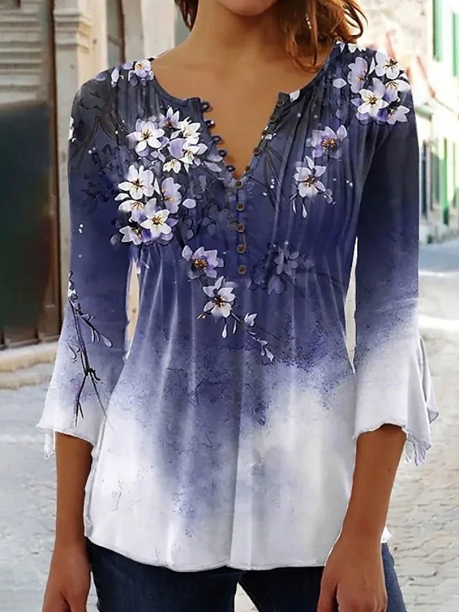 Per donna Blusa Ombre Floreale Grafico Elegante Manica 3/4 Scollo a V Top Regolari Quotidiano Uscire Volant Bottoni Rosa Blu Viola Arancione Verde Primavera Autunno del 2025 a $27.99 –P1