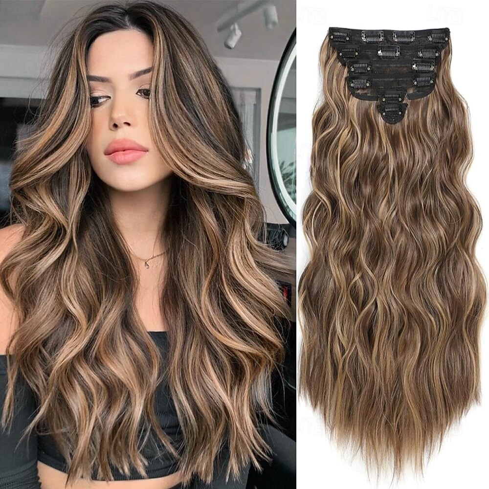 Clip in extensões de cabelo para mulheres 6 peças clip ins longo ondulado cacheado extensão de cabelo sintético de 16 polegadas grossos apliques de 2026 por E£1579.14 –P1
