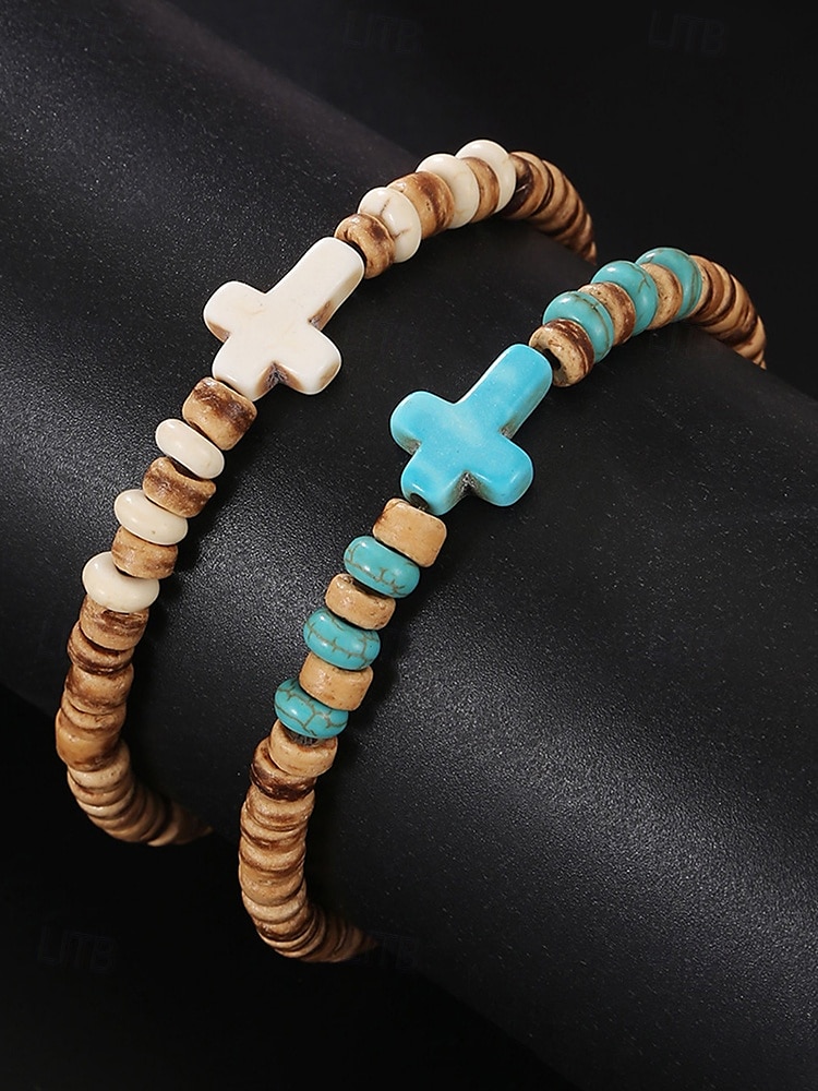 Férfi természetes fa gyöngyös karkötő türkiz kereszttel – kézzel készített bohém rugalmas csuklópánt hétköznapi viseletre, nyári szettekhez és strandhangulathoz 2025 - $9.99 –P3