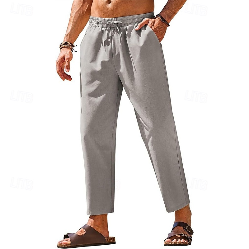Herr Linne Byxor Långbyxor Sommarbyxor Strandbyxor Ficka Elastisk midja Snörning Slät Komfort Andningsfunktion Semester Dagligen Helgdag Hawaiisk Boho Mörkbrun Svart 2025 - $18.99 –P4