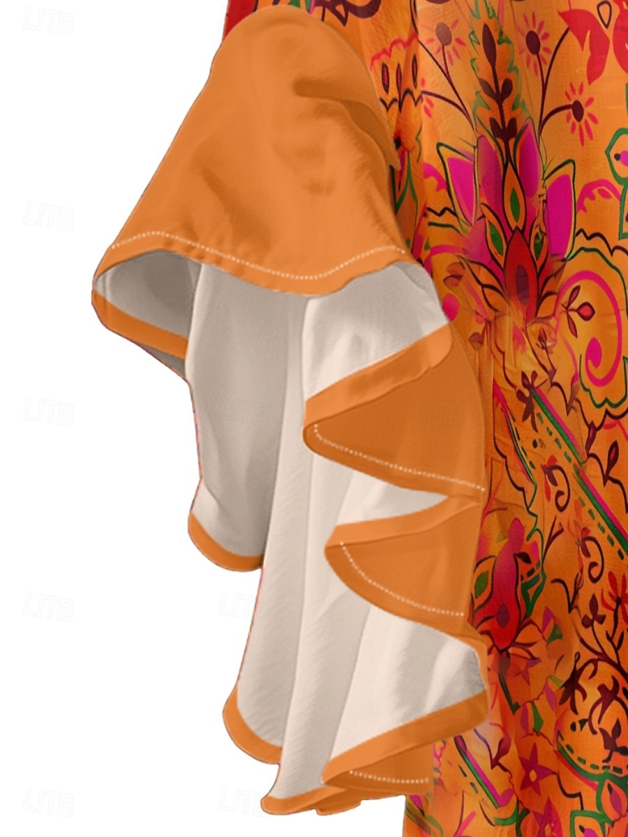 Mujer Blusa Volante Estampado Floral Elegante Moderno Manga 3/4 Escote en Pico Tops regulares Diario Festivos Azul Piscina Rosa Naranja Verde Trébol Verano 2026 - $37.99 –P9