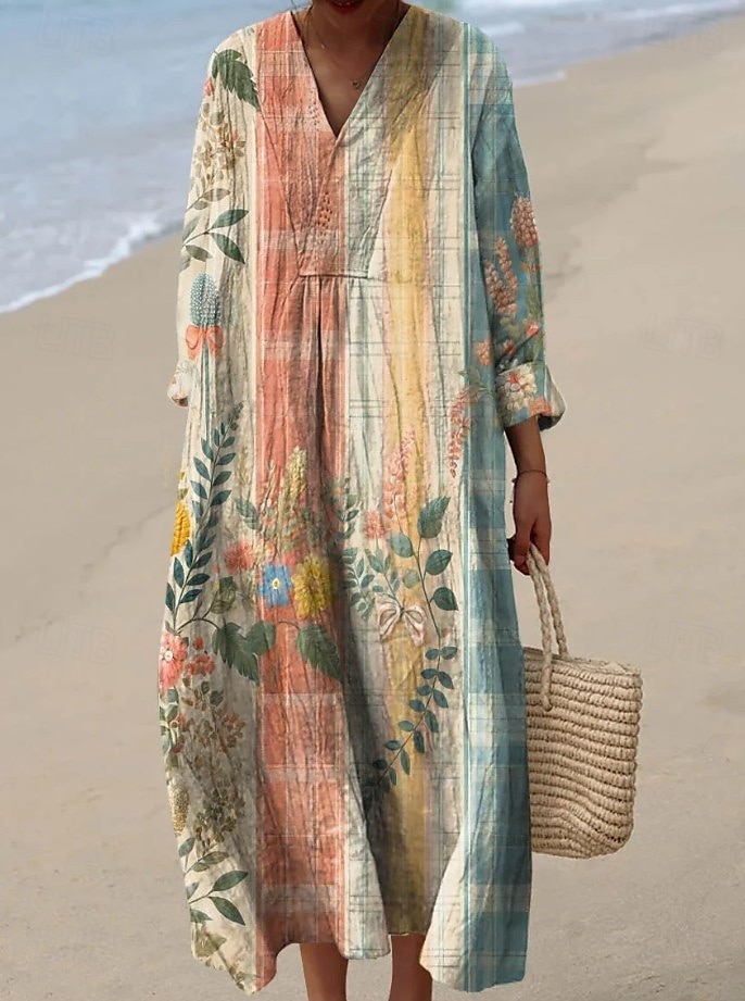 Damskie Sukienka maxi Sukienka letnia Sukienka A line Urlop Codzienny Boho Impreza Wyjściowe Plaża Kwiaty Graficzny Długi rękaw W serek Szarozielony Rumiany róż Fioletowy Ecru Lato Wiosna 2025 - $35.99 –P5