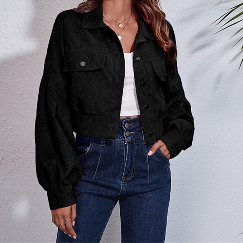 Damen Freizeitjacke Warm Bequem Tasche Kord Mode Outdoor Einfach Ausgehen Wochenende Kurz Umlegekragen Normale Passform Langarm Oberbekleidung Schwarz Purpur Braun Herbst Winter 2025 - $26.99 –P9