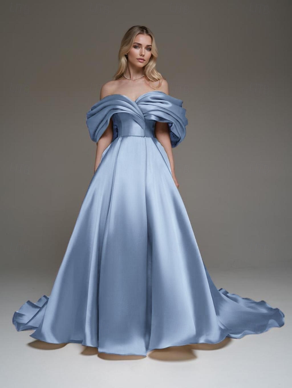 Robe de soirée dorée Robe de bal A-Line Robe élégante Formelle Mariage Traîne de cour Sans manches Épaules dénudées Satin extensible avec plis froncés de 2025 ? $155.99 –P6