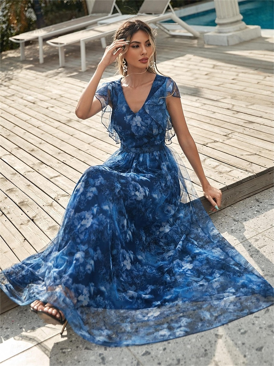 Abiti Quinceanera A-Line abito elegante formale lungo senza maniche scollatura a V in chiffon con stampa floreale del 2025 a $79.99 –P1
