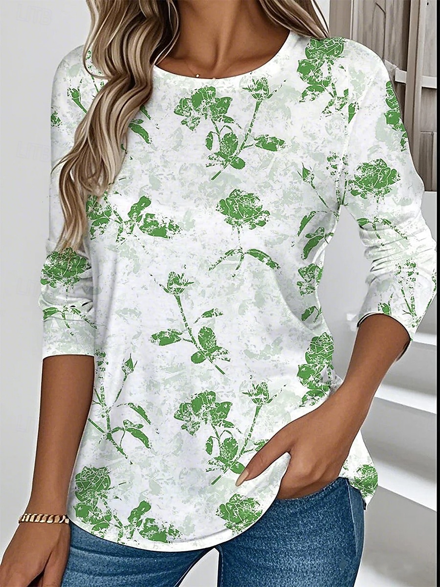 T shirt donna manica lunga tunica girocollo floreale grafica alla moda trendy top regolari stampa quotidiana fine settimana blu viola verde estate del 2025 a $22.99 –P3