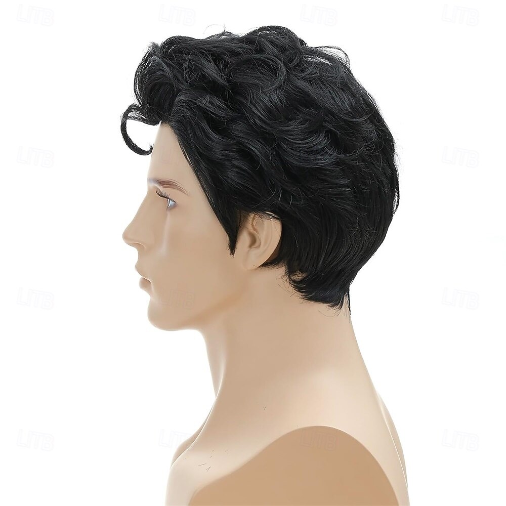 Roker Style Mens Black Short with a Front Curl Costume Wig for Cosplay Halloween Costume Party Wig 2025 - $24.99 –P5