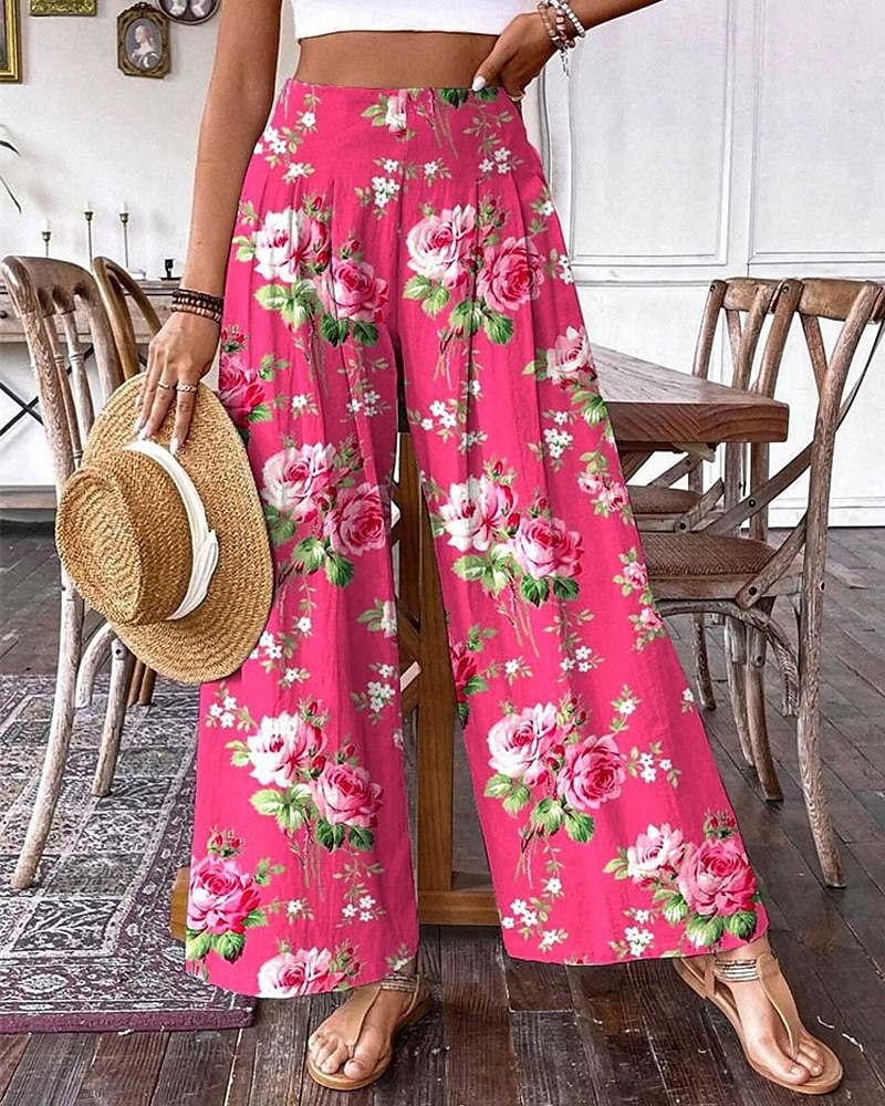 Pentru femei Pantaloni Pantaloni Palazzo Modă Boho Lungime totală Talie Înaltă Floral Talie elastică Confortabil Comfortabil Micro-elastic Stradă Purtare Zilnică Ieșire Roz Portocaliu Vară Primăvară 2025 - $17.99 –P1