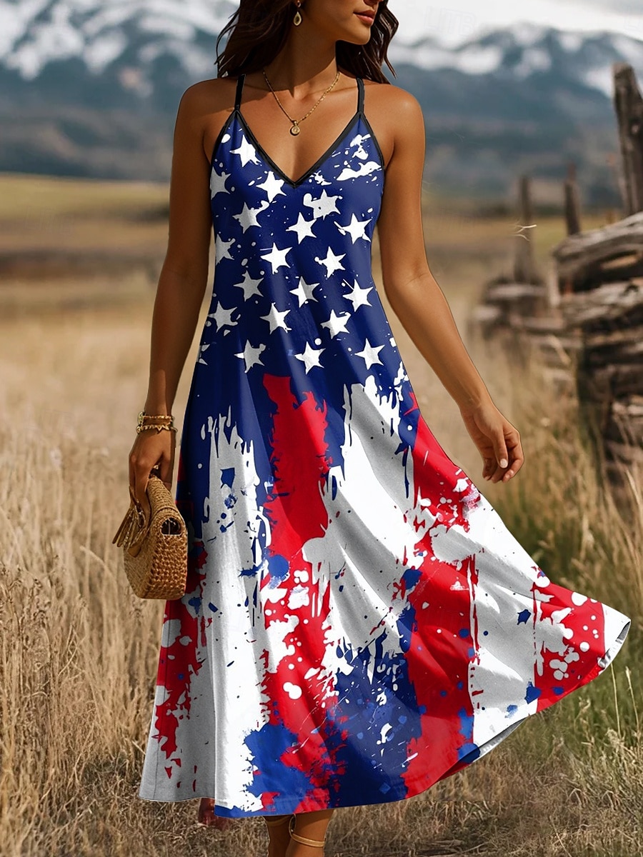 Women's Patriotic Maxi Dress A Line Dress Slip Dress Vacation Casual Daily Holiday Regular Fit Graphic American Flag Sleeveless V Neck Spaghetti Strap 2025 - $27.99 –P4