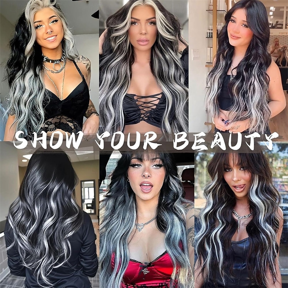 Clip-in haarextensies 24 inch 8 stuks natuurlijk zwart mix zilvergrijs lang golvend synthetisch haar extensies clip-ins dikke dubbele inslag extensies voor vrouwen 2025 - $26.99 –P2