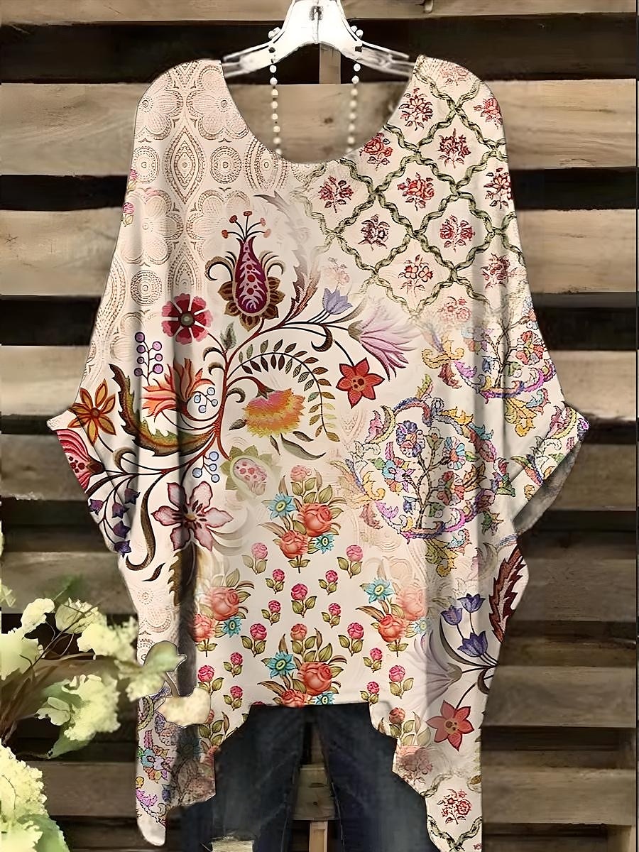 Women's Blouse Graphic Leopard Geometric Elegant Vintage Daily Short Sleeve Batwing Sleeve Crew Neck Regular Tops Daily Holiday Vacation Wear Red Blue Orange Khaki Summer Spring 2025 - $22.99 –P4