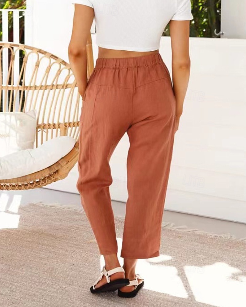 Women's Cotton Linen Pants Slacks Streetwear Casual Full Length Natural Plain Pocket Elastic Drawstring Design Comfy Outdoor Comfortable Holiday Daily Wear Going out Rust Light Sky Blue Grey Black 2025 - $27.99 –P11