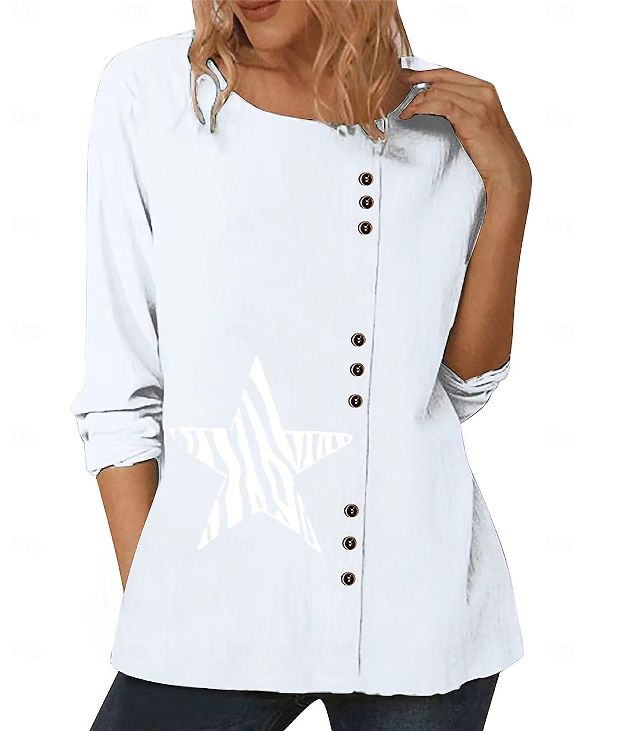 Women's Blouse Graphic Star Elegant Vintage Fashion Long Sleeve Crew Neck Round Neck Regular Tops Daily Going out Weekend White Blue Dark Blue Fall 2025 - $22.99 –P2