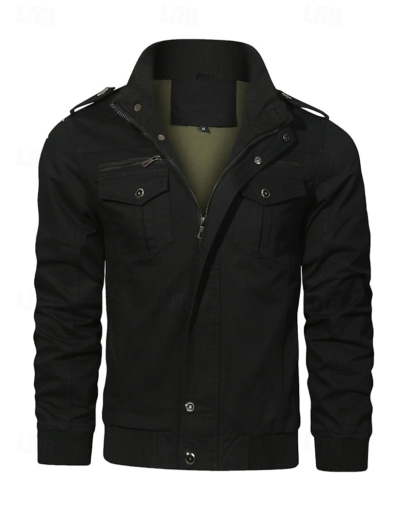 Men's Trucker Jacket Cargo Jacket Casual Jacket Vacation Daily Pocket Spring Fall Plain Fashion Classic Stand Collar Regular Black Khaki Army Green Jacket 2025 - $53.99 –P10
