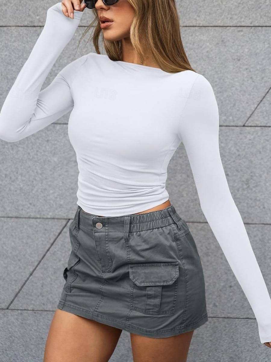 Femmes Hauts moulants Couleur Unie Élégant Occasionnel Y2K manche longue Col ras du cou Hauts courts Quotidien Fête Sortir Noir Blanche Rose Claire Marron Été Printemps de 2025 ? $17.99 –P16