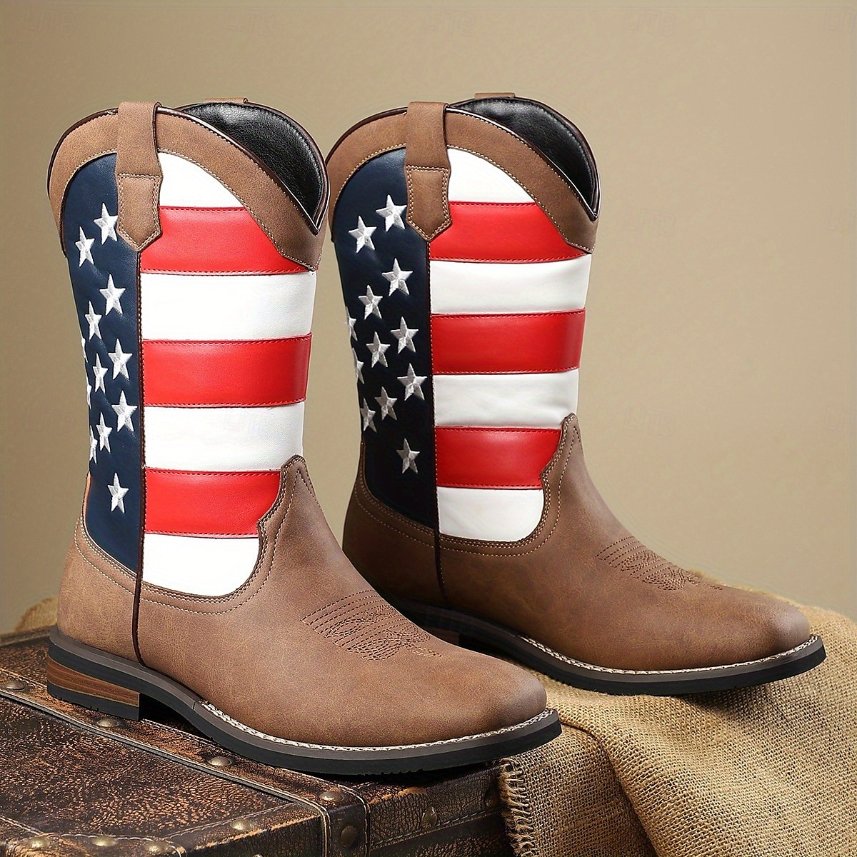 Men’s Brown Faux Leather Western Boots with American Flag Design – Durable Leather Boots for Outdoor Adventures, Country Events and Patriotic Celebrations 2025 - $59.99 –P2