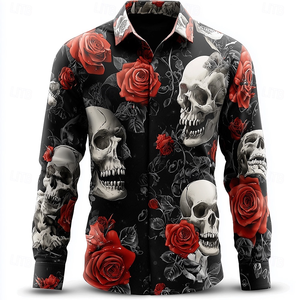 Pánské Kostra Halloweenské kostýmy Den mrtvých Košile Košile na knoflíky Dlouhý rukáv Temný gotický styl Dovolená Streetwear Jaro Podzim Přehnutý 3D tisk košile s límečkem Černá Bílá 2025 - $25.99 –P1