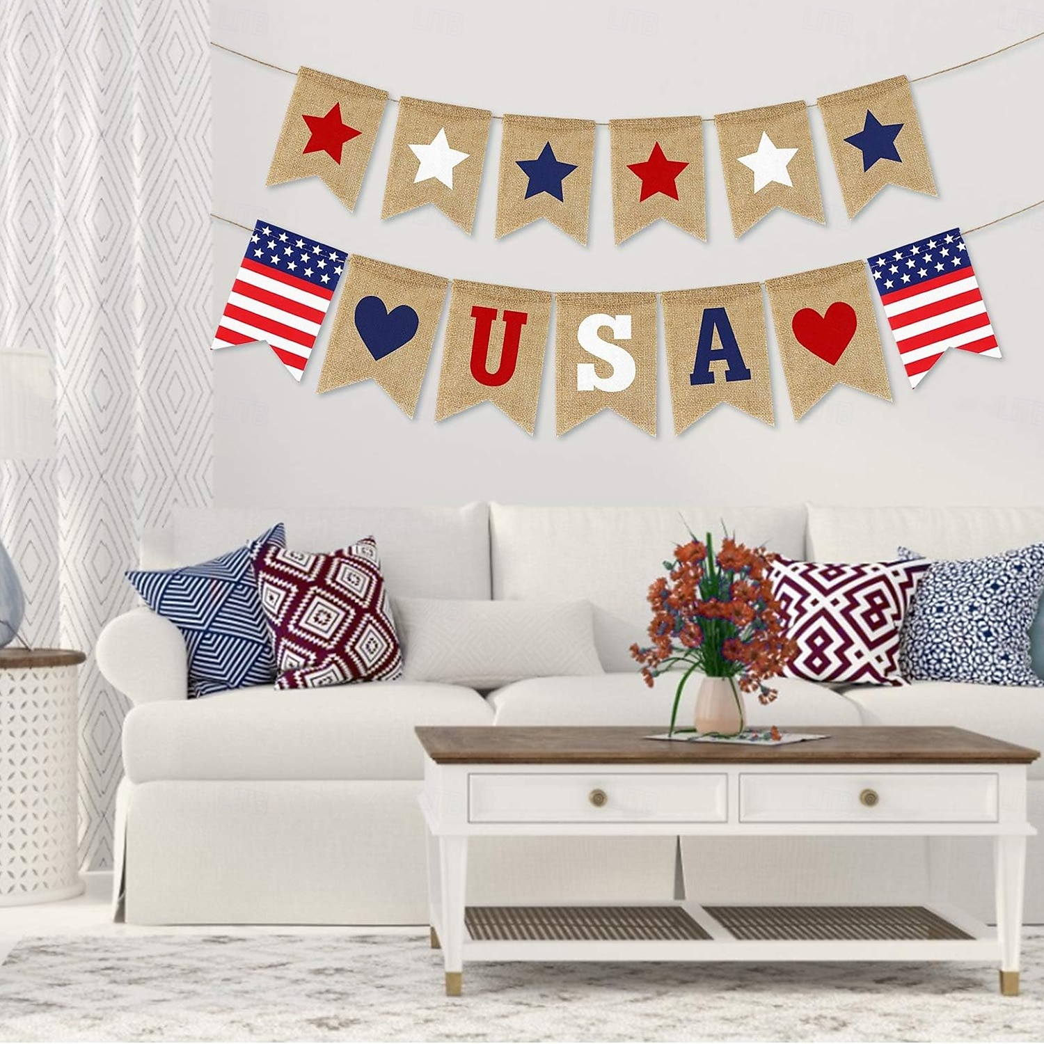 Patriotic USA Banner Burlap 4th of July Decorations Rustic Patriotic Banner Red White Blue Stars Bunting Garland for President Day 4th of July Party Supplies 4th of July Patriotic Outdoor Indoor hanging Decor 2025 - $16.99 –P6