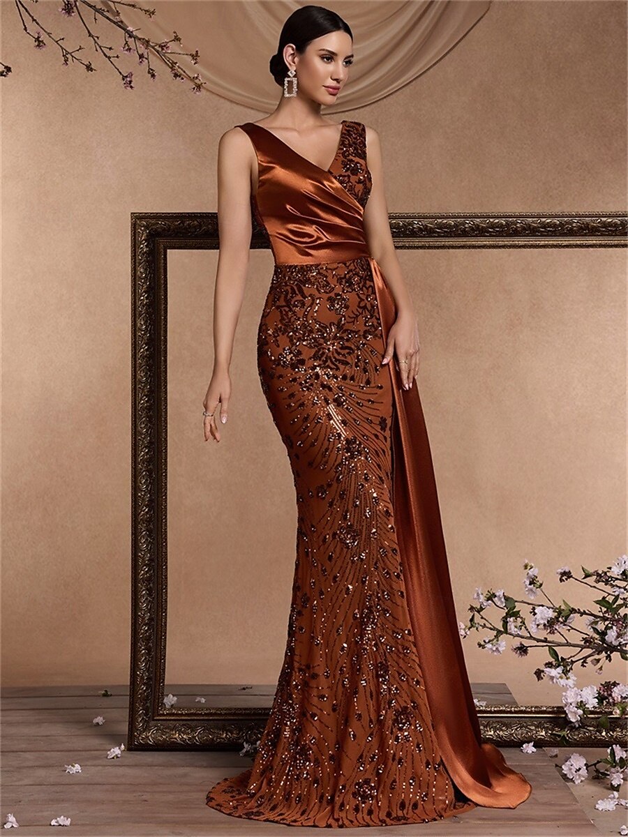 Φόρεμα Σαργκαρ Τράμπα Μπιγκ. Γάμου Elegant Φόρεμα Επίσημο Γάμου Μακριά Χωρίς Μανίκια V Λαιμός Σατέν με Σχίσμα 2025 - $129.99 –P6